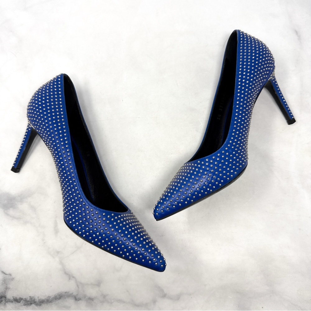 Saint Laurent Paris 80 Studded Leather Pointed Toe Stiletto Heel Pumps Blue 38 - Picture 5 of 14